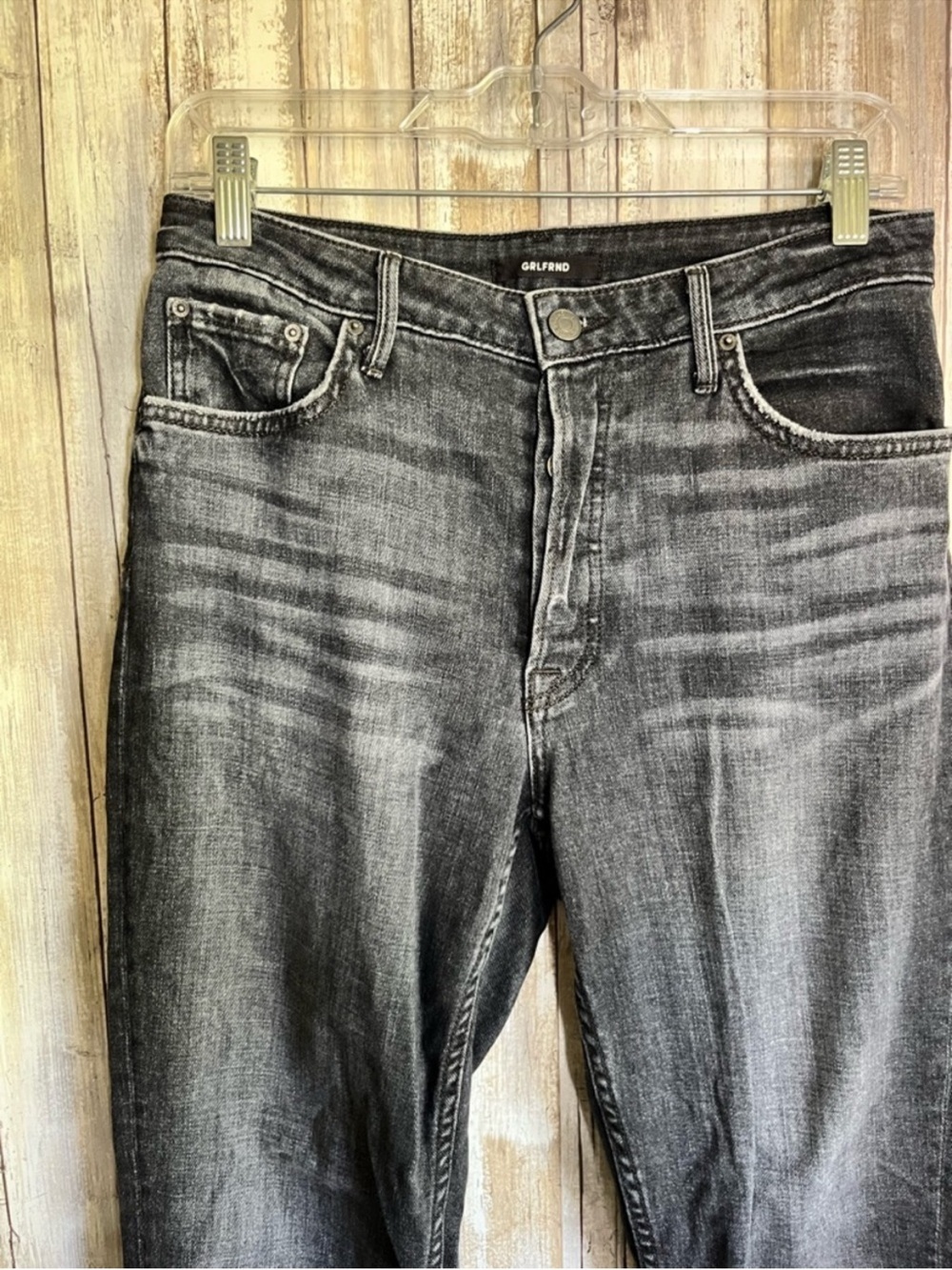 GRLFRND Kiara Mid Rise Straight Jeans Get Lost Wash Black Distressed Raw Hem 27 - Picture 4 of 8